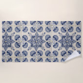 ヴィンテージ青色白色幾何学模様 ビーチタオル (正面)