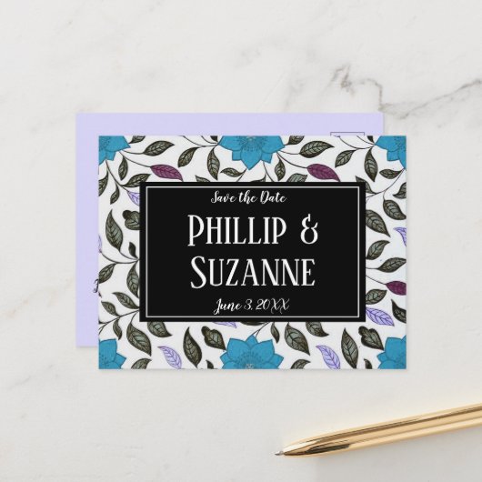 ヴィンテージ青色花のパターン日付を保存 案内ポストカード (正面/裏面インサイチュ)