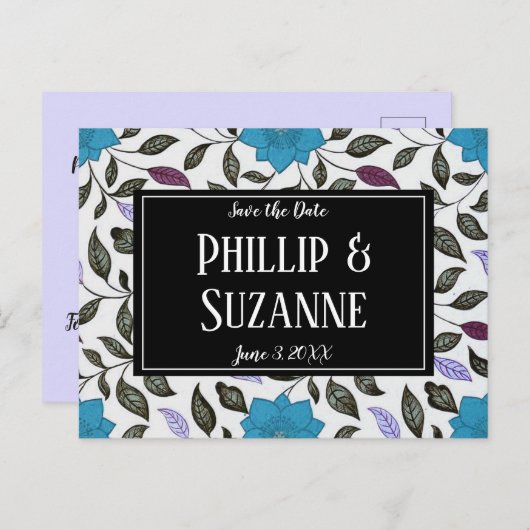 ヴィンテージ青色花のパターン日付を保存 案内ポストカード (正面/裏面)