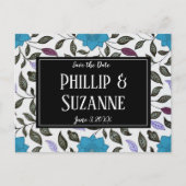 ヴィンテージ青色花のパターン日付を保存 案内ポストカード (正面)