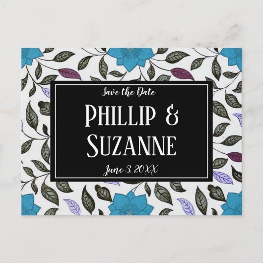 ヴィンテージ青色花のパターン日付を保存 案内ポストカード (正面)