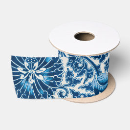 ヴィンテージ青色装飾花柄 サテンリボン