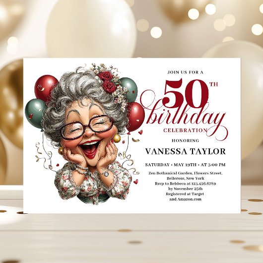ヴィンテージ面白い女性50歳の誕生日ユーモアパーティー 招待状