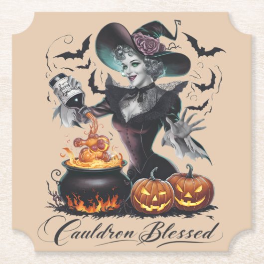 ヴィンテージ面白い魔女の釜 ハロウィンの祝福 ペーパーコースター (正面)