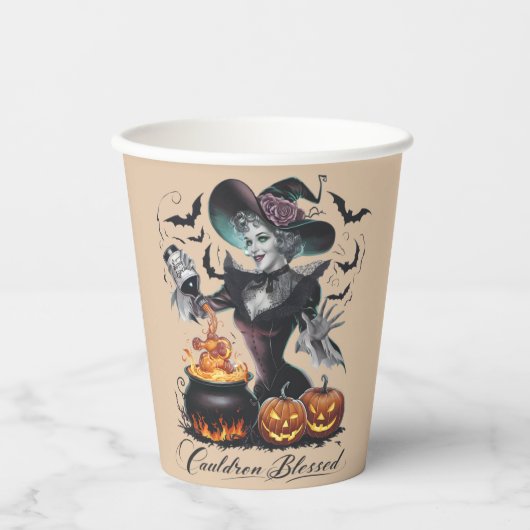 ヴィンテージ面白い魔女の釜 ハロウィンの祝福 紙コップ (正面)