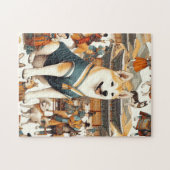 ヴィンテージ韓国人犬シームレスイラストレーション ジグソーパズル (横)