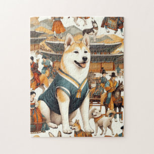 ヴィンテージ韓国人犬シームレスイラストレーション ジグソーパズル