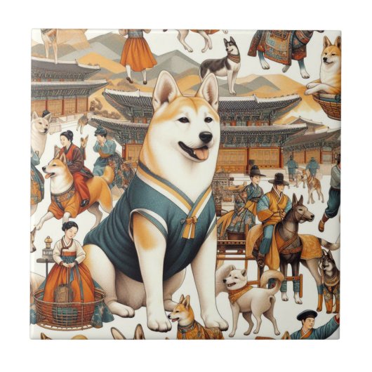 ヴィンテージ韓国人犬シームレスイラストレーション タイル (正面)