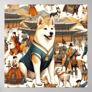 ヴィンテージ韓国人犬シームレスイラストレーション ポスター