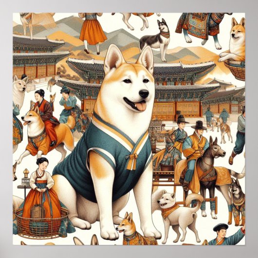 ヴィンテージ韓国人犬シームレスイラストレーション ポスター (正面)