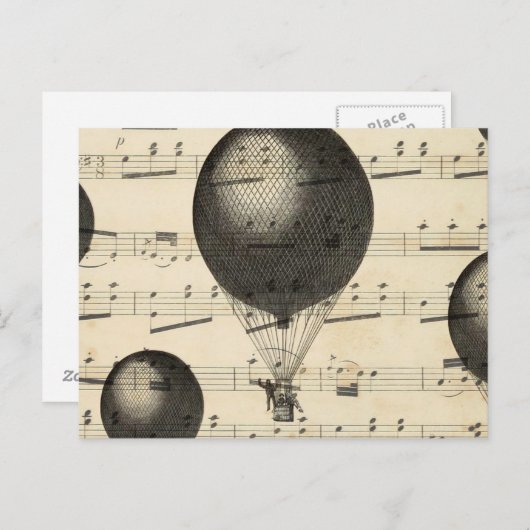 ヴィンテージ音楽とアンティーク熱気球 ポストカード (正面/裏面)