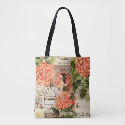 ヴィンテージ音楽とフローラコラージュ トートバッグ (正面)