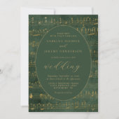 ヴィンテージ音楽の原稿グリーン結婚金ゴールド 招待状 (正面)
