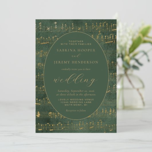 ヴィンテージ音楽の原稿グリーン結婚金ゴールド 招待状 (スタンド正面)