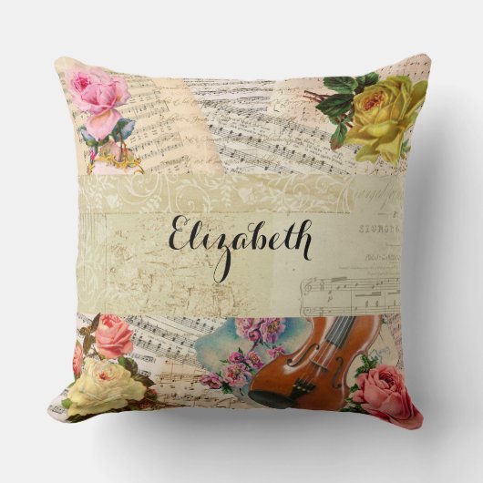 ヴィンテージ音楽シートおよび生け花 クッション (正面)