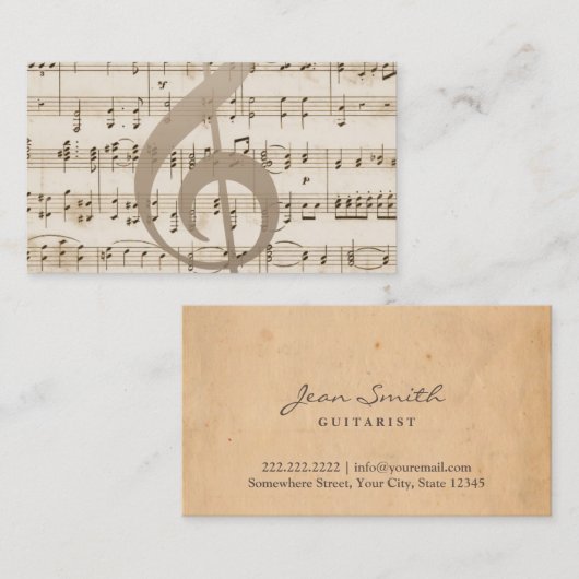 ヴィンテージ音楽シートのギタリストの名刺 名刺 (正面/裏面)