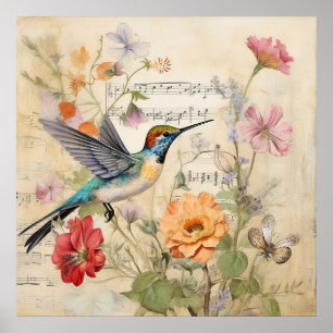 ヴィンテージ音楽フローラフランスのハミングバードアート ポスター