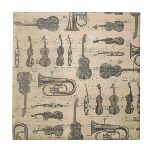 ヴィンテージ音符パターンギターヴァイオリンチューバ タイル (正面)