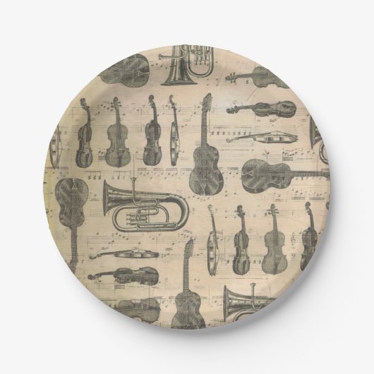ヴィンテージ音符パターンギターヴァイオリンチューバ ペーパープレート (正面)