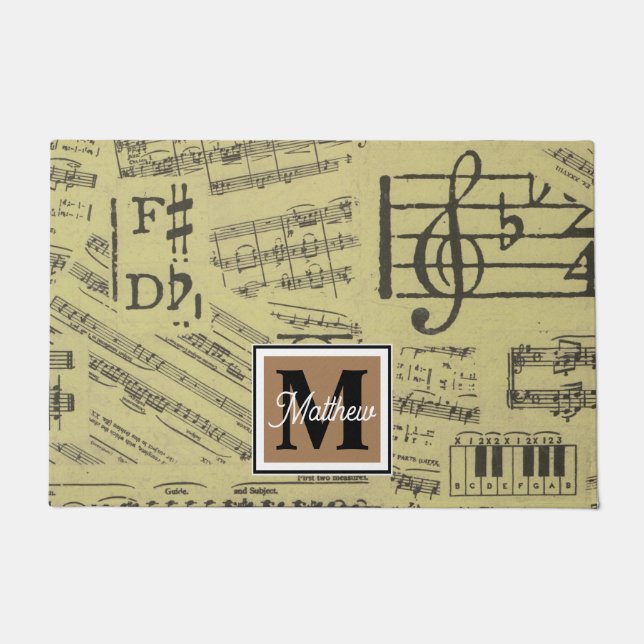 ヴィンテージ音符ミュージシャンモノグラム ドアマット (正面)