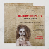 ヴィンテージ風おどろおどろしい人形ハロウィンコスチュームパーティー 招待状 (正面/裏面)