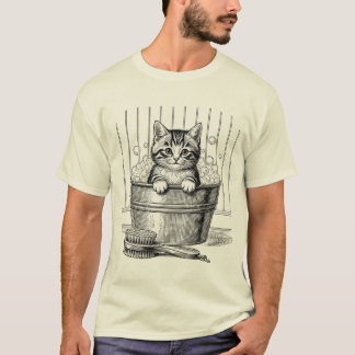 ヴィンテージ風お風呂の仔猫 – 手描きTシャツ Tシャツ