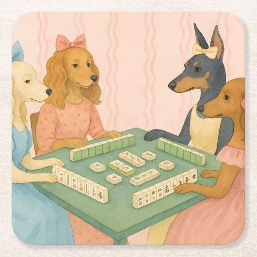 ヴィンテージ風かわいい犬の麻雀デザイン スクエアペーパーコースター (正面)