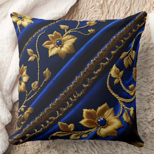 ヴィンテージ風の刺繍ではない 青 ゴールドの花 クッション