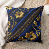 ヴィンテージ風の刺繍ではない 青 ゴールドの花 クッション (ブランケット)