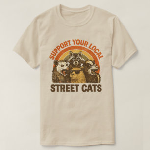 ヴィンテージ風の地元の野良猫を支援するデザイン + アライグマ ポッサム Tシャツ