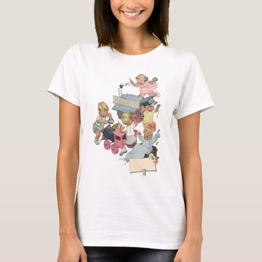 ヴィンテージ風の子供たちがおもちゃの列車で遊ぶ楽しそうな様子 Tシャツ (正面)