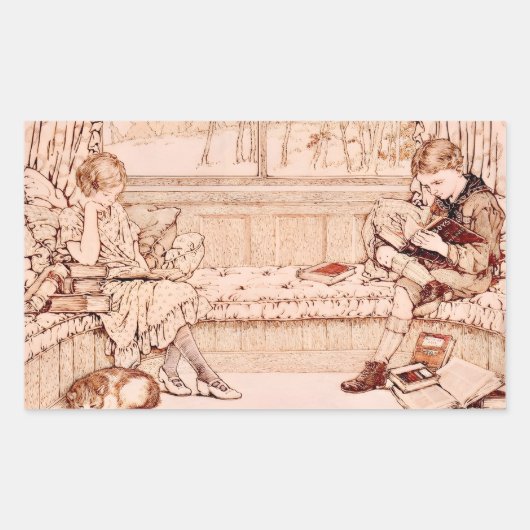 ヴィンテージ風の子供たちの読書イラスト 長方形シール (正面)