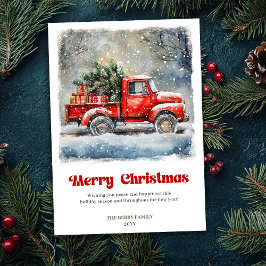 ヴィンテージ風の居心地の良いレッドトラックのクリスマスシーンカード シーズンカード