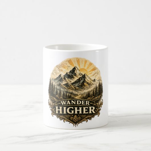 ヴィンテージ風の山の冒険デザイン コーヒーマグカップ (中央)