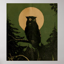 ヴィンテージ風の月夜に飛ぶフクロウのハロウィンアート