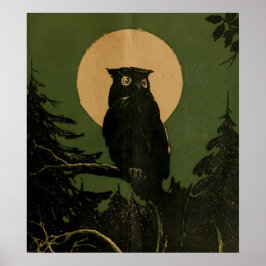 ヴィンテージ風の月夜に飛ぶフクロウのハロウィンアート ポスター