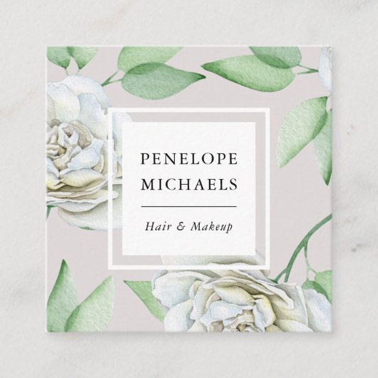 ヴィンテージ風の白い水彩花 スクエア名刺 (正面)