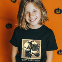ヴィンテージ風の箒に乗る魔女 ハロウィン・満月・コウモリ