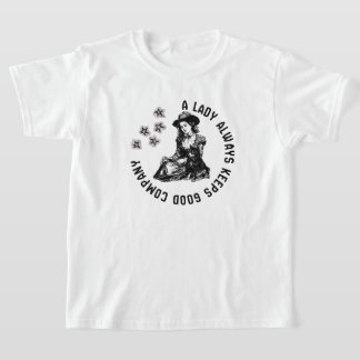 ヴィンテージ風の魔女のような女性と犬のイラスト Tシャツ