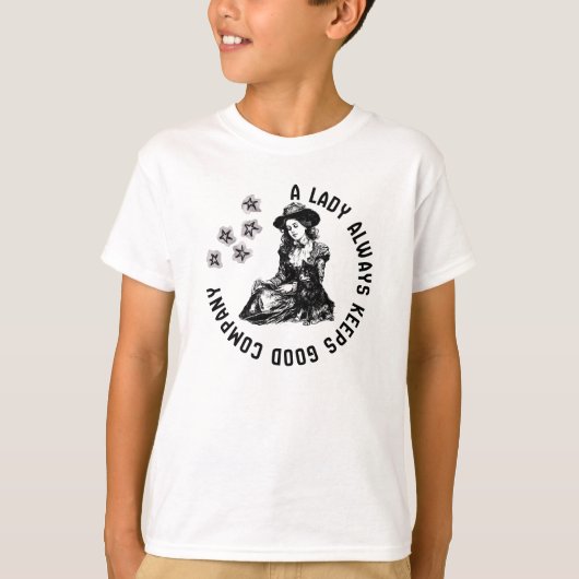 ヴィンテージ風の魔女のような女性と犬のイラスト Tシャツ (正面)