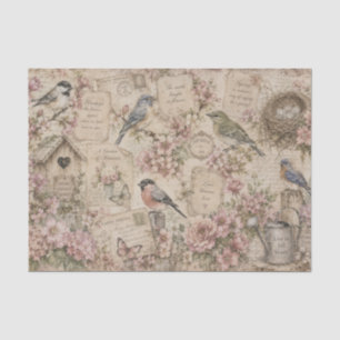 ヴィンテージ風の鳥とピンクの花のアンティークな手書きメモ 薄葉紙