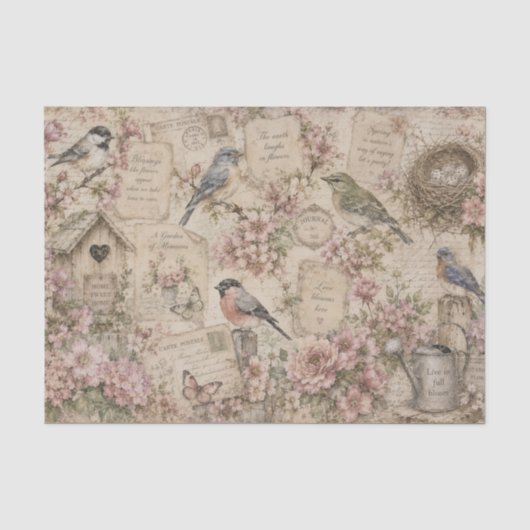 ヴィンテージ風の鳥とピンクの花のアンティークな手書きメモ 薄葉紙 (正面)