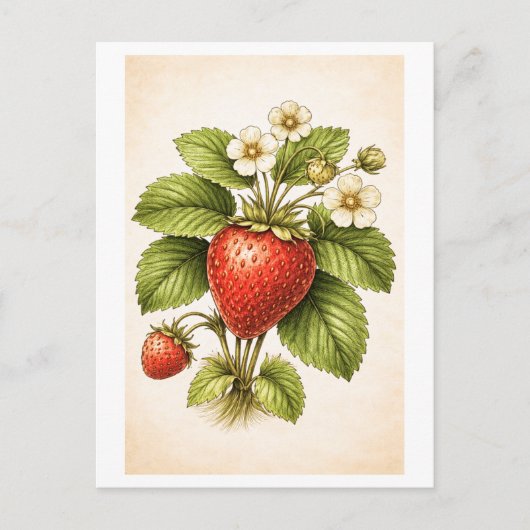 ヴィンテージ風イチゴの植物画イラスト ポストカード (正面)