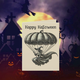 ヴィンテージ風ウィッチとパンプキンパラシュートのハロウィンフォト シーズンカード