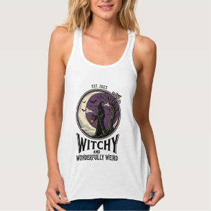 ヴィンテージ風ウィッチTシャツ スプーキーな月のハロウィンアート タンクトップ