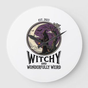 ヴィンテージ風ウィッチTシャツ スプーキーな月 ハロウィンアート ラージ壁時計