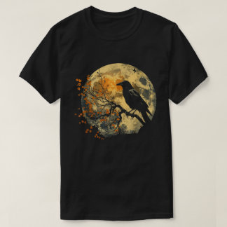 ヴィンテージ風カラスグラフィックTシャツ、レトロカラス月 Tシャツ