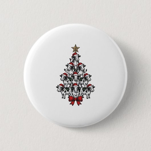ヴィンテージ風クリスマスツリー 牛のイラスト 農場の休日 缶バッジ (正面)