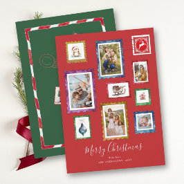 ヴィンテージ風スタンプの赤い家族フォトコラージュ クリスマスカード