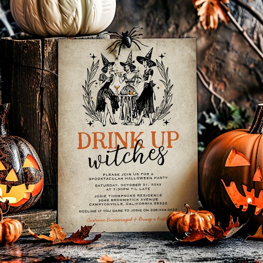ヴィンテージ風ハロウィンパーティーの女の子向け「魔法使いの飲んべえ」パーティー 招待状